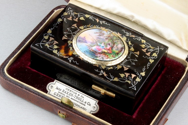 Antique inlaid tortoiseshell and pictorial enamel singing bird box, by Bontems