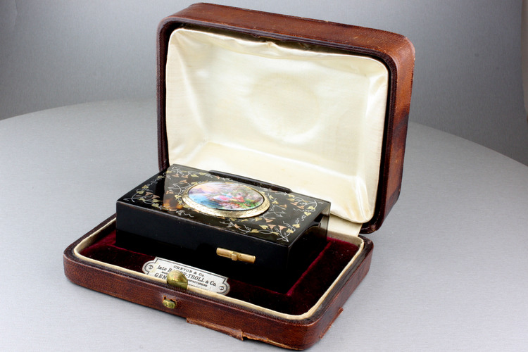 Antique inlaid tortoiseshell and pictorial enamel singing bird box, by Bontems