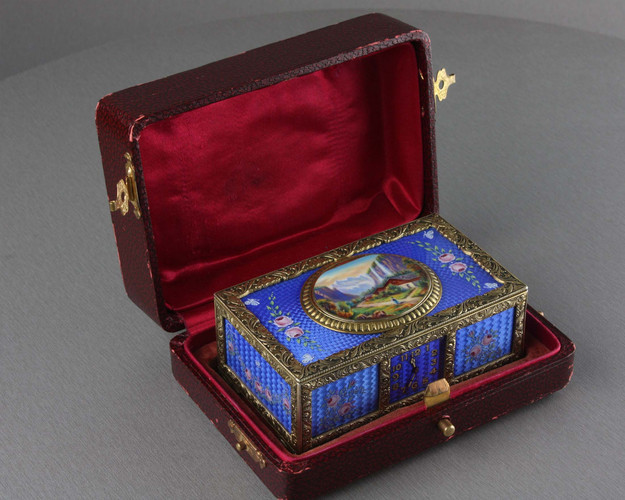 Sterling silver gilt, pictorial and enamel singing bird box with timepiece, movement by C. H. Marguerat