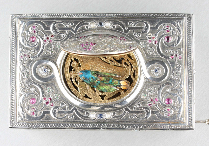Antique Silver, Pearl, Garnet and Aquamarine transparently-mounted set singing bird box, by Raymy