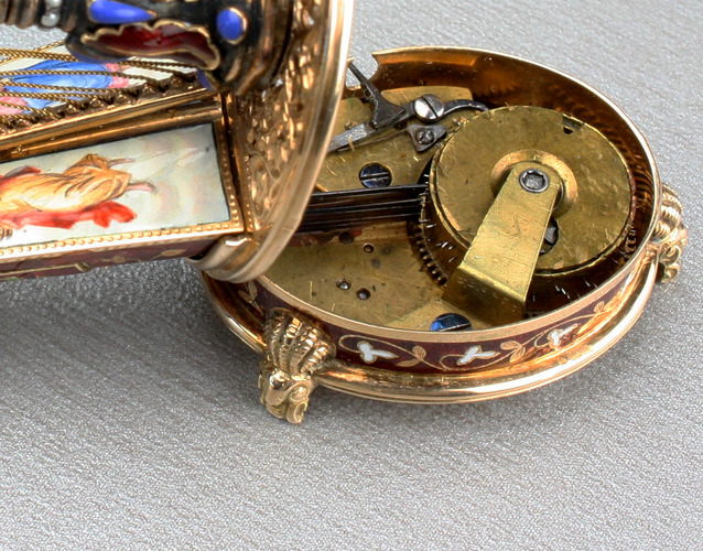 Gold, enamel and split seed pearl embellished musical harp with hidden scent bottle