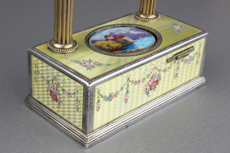 Vintage silver-gilt, guilloche yellow enamel and pictorial enamel timepiece alarm-actuated singing bird box, by C. H. Marguerat