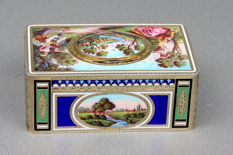 Antique silver-gilt and full painted enamel singing bird box, by Karl Griesbaum,