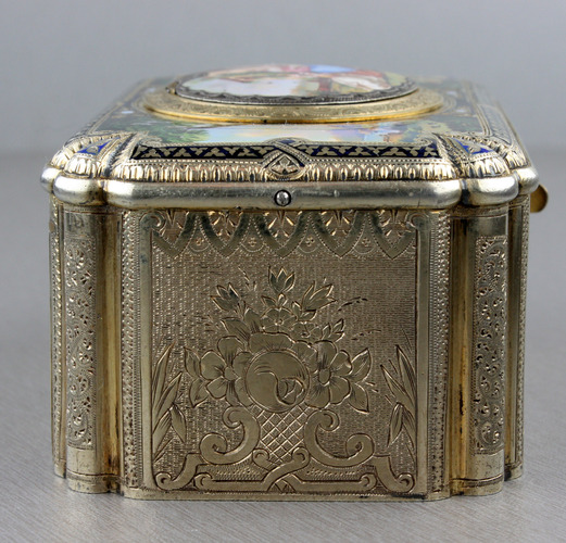 Antique tall-proportioned silver-gilt and full pictorial lidded singing bird box, by Charles Bruguier