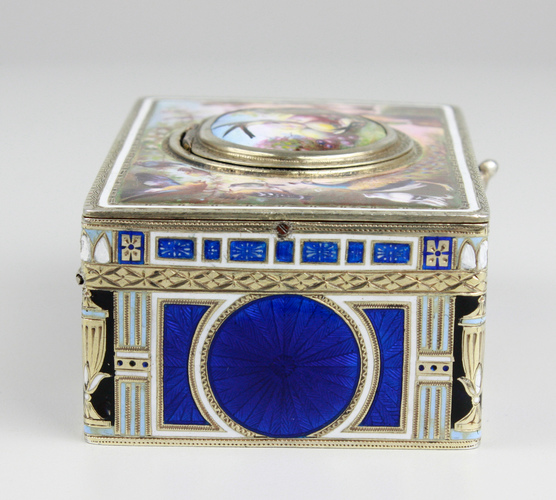 Exceptional silver and full pictorial enamel singing bird box, by Karl Griesbaum