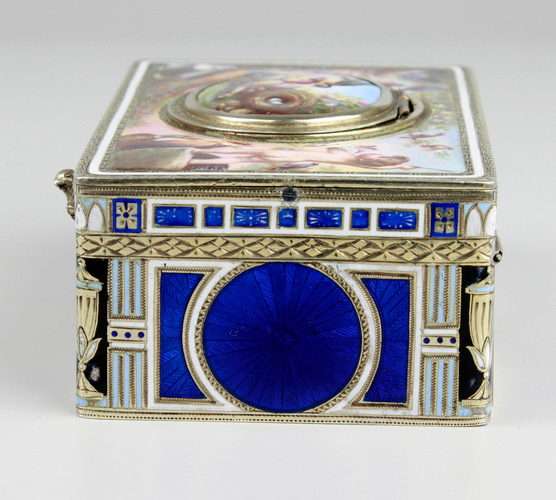 Exceptional silver and full pictorial enamel singing bird box, by Karl Griesbaum