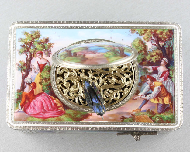 A very fine Sterling silver gilt, enamel and pictorial enamel singing bird box, by Karl Griesbaum