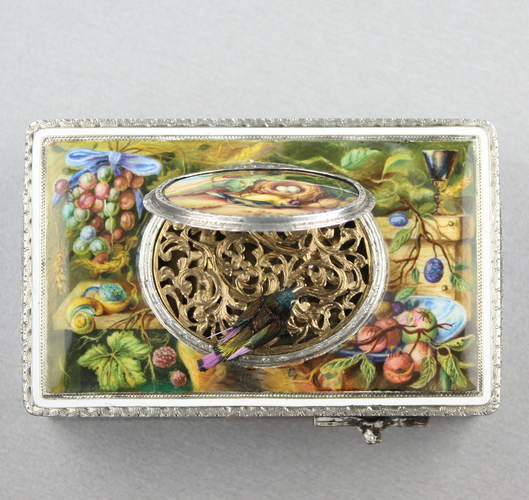 Silver-gilt and pictorial enamel Memento Mori singing bird box, by Karl Griesbaum