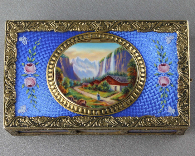 Sterling silver gilt, pictorial and enamel singing bird box with timepiece, movement by C. H. Marguerat