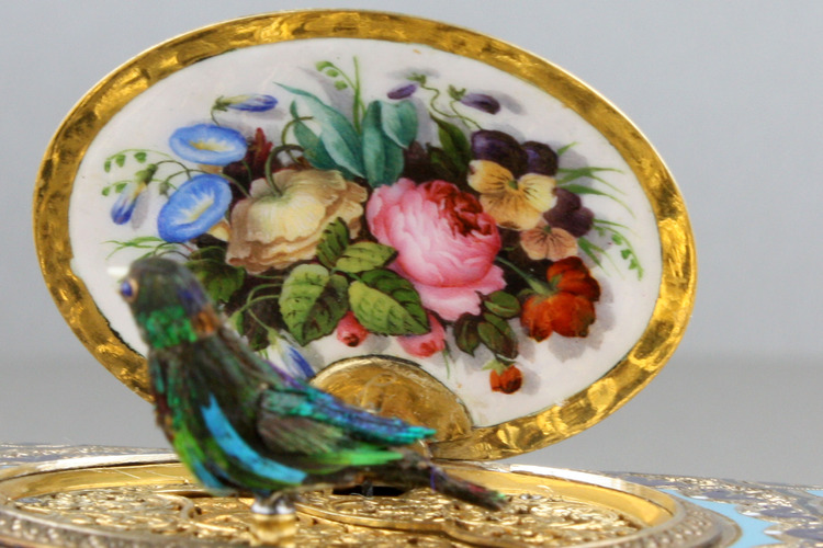 Antique tooled silver-gilt, enamel and pictorial enamel singing bird box, by Jacques Bruguier